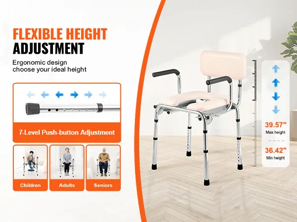 VEVOR commode chair with flexible height adjustment, ergonomic design, and 5-level push-button settings.