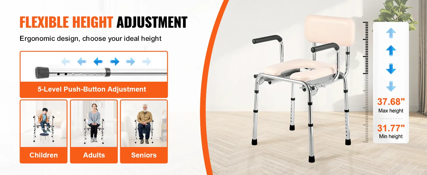 VEVOR commode chair with flexible height adjustment, ergonomic design, and 5-level push-button settings.