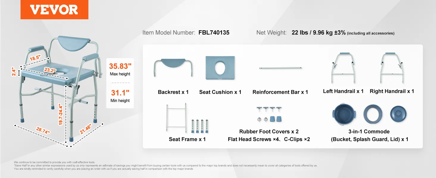 VEVOR commode chair, model fbl740135, 35.83" max height, includes seat cushion, handrails, and accessories.
