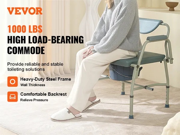 VEVOR commode chair with heavy-duty steel frame, comfortable backrest, and 1000 lbs load capacity.