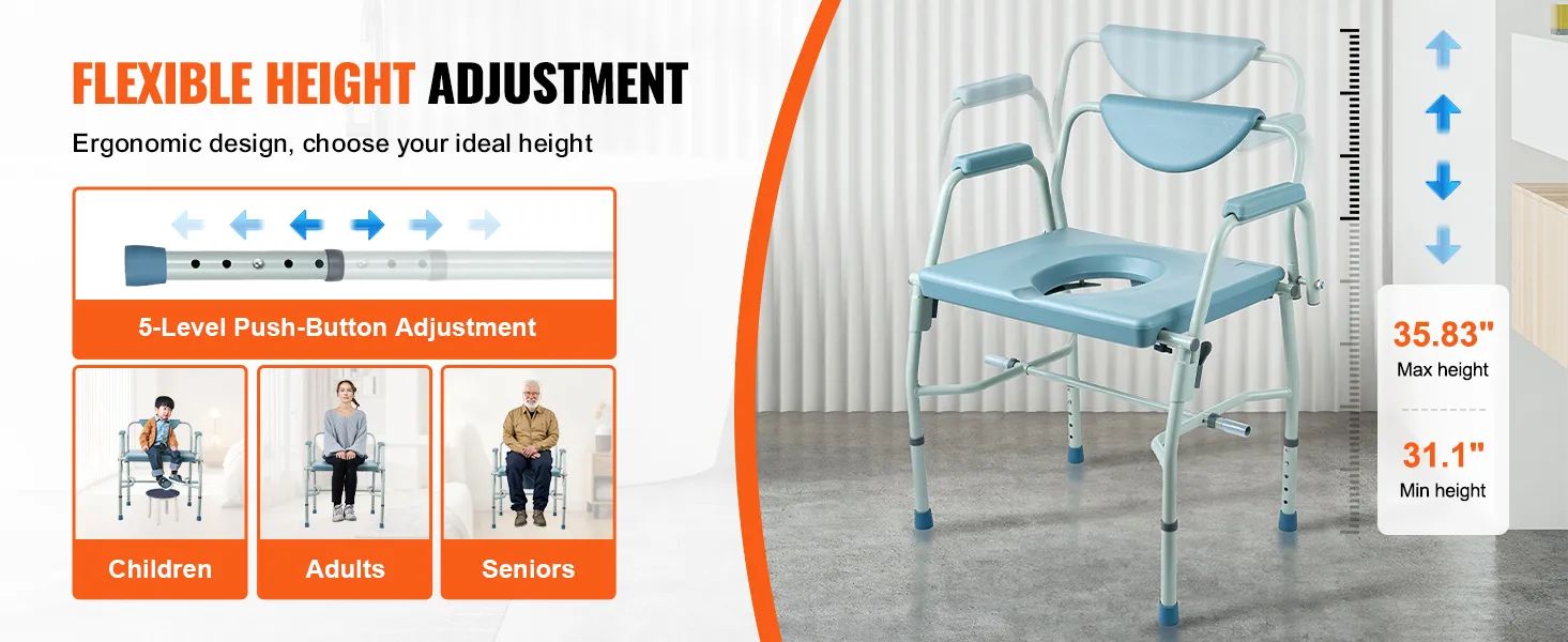VEVOR commode chair with flexible height adjustment, suited for children, adults, and seniors