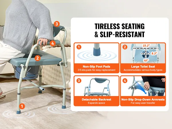 VEVOR commode chair offers non-slip foot pads, large toilet seat, detachable backrest, and drop-down armrests.