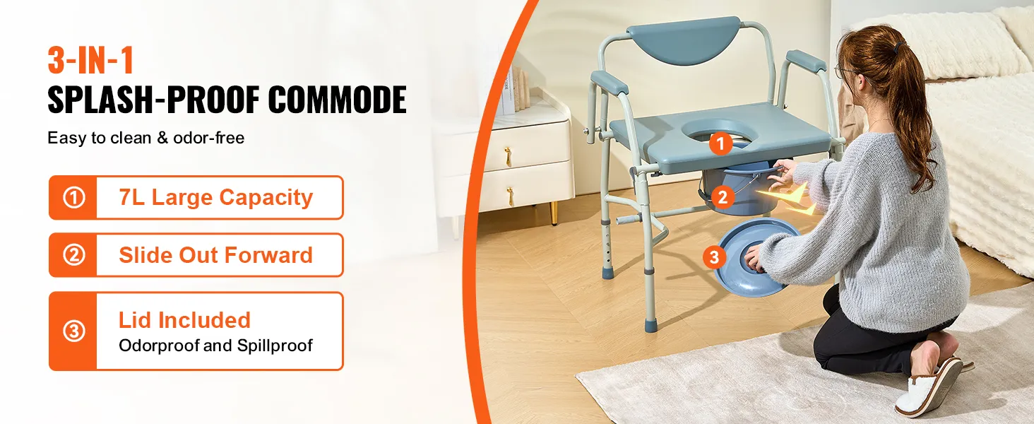 VEVOR commode chair: splash-proof, 7l capacity, slides out forward, includes odorproof and spillproof lid.