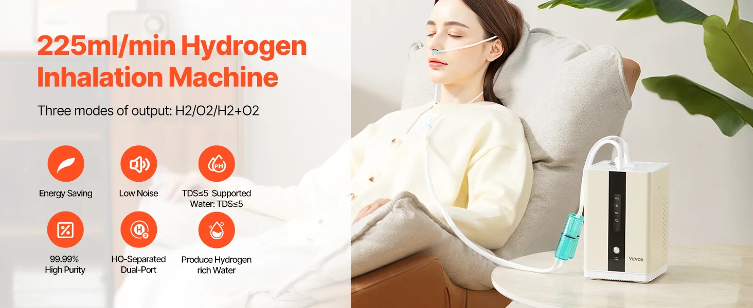 VEVOR Hydrogen Inhalation Machine, 99.99% High Purity Hydrogen Inhaler, HO-Separated 225ml/min (150 H+75 O) Dual Port Hydrogen Oxygen Inhaler, Hydrogen-Rich Water Generator for Home Travel