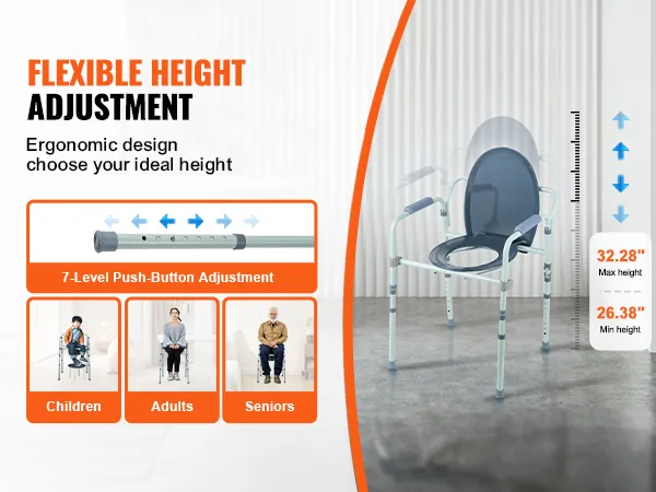 VEVOR commode chair with 7-level push-button adjustment, accommodating children, adults, and seniors.