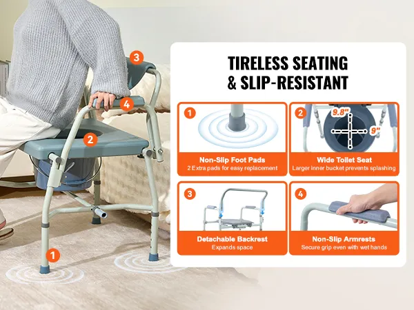 person sitting on a VEVOR commode chair with non-slip foot pads, wide toilet seat, detachable backrest, and non-slip armrests.
