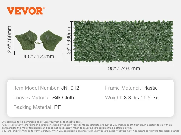 VEVOR Sichtschutzzaun mit künstlichen Efeublättern, Maße, Blattdetail, Modell jnf012, Seidenstoff, PE, Kunststoff, 1,5 kg.