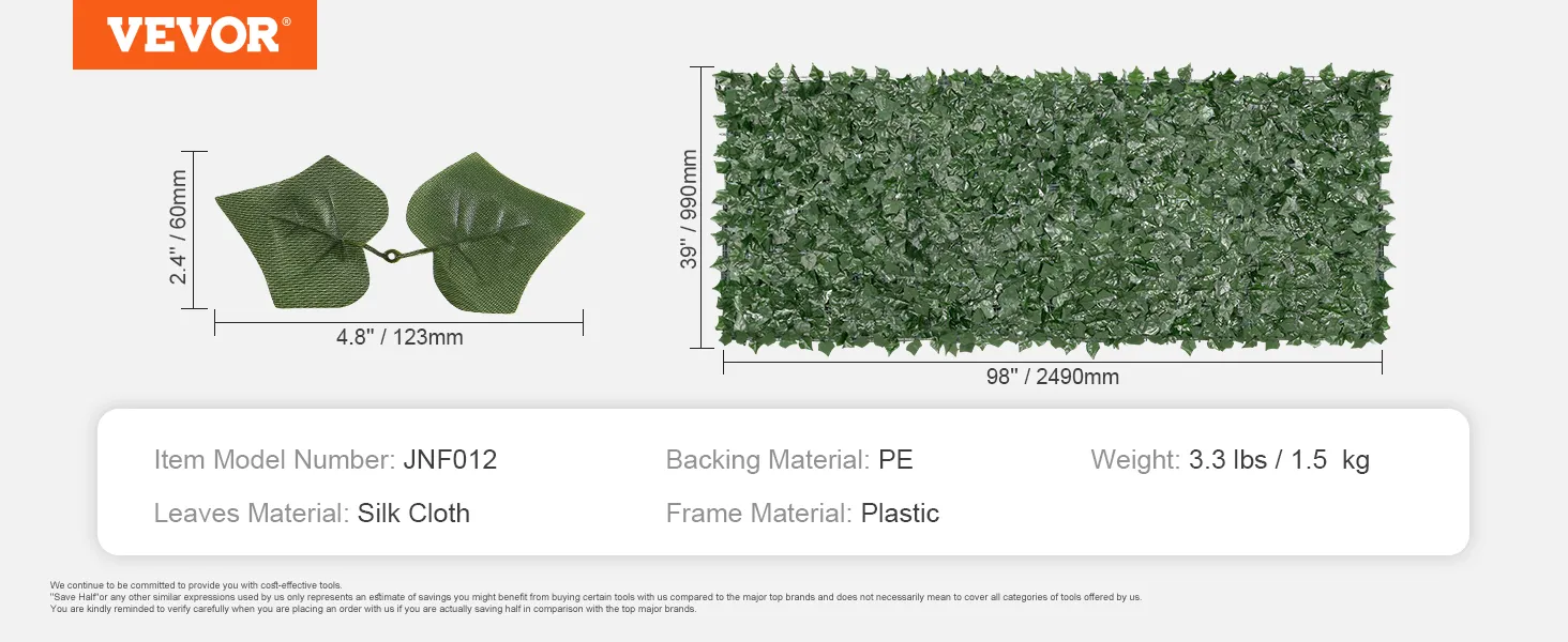 VEVOR Sichtschutzzaun mit künstlichen Efeublättern, Maße, Blattdetail, Modell jnf012, Seidenstoff, PE, Kunststoff, 1,5 kg.