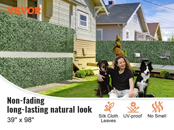 Künstlicher Sichtschutzzaun aus Efeublättern von VEVOR mit Hunden, einer Person und einer Außenterrasse im Hintergrund. Lichtecht und UV-beständig.