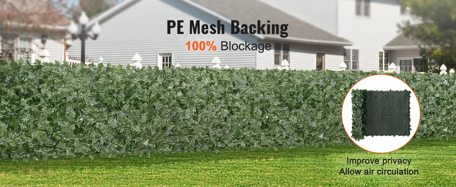 Sichtschutzzaun aus künstlichen Efeublättern von VEVOR mit PE-Netzrücken, der 100 % Schutz für mehr Privatsphäre bietet.