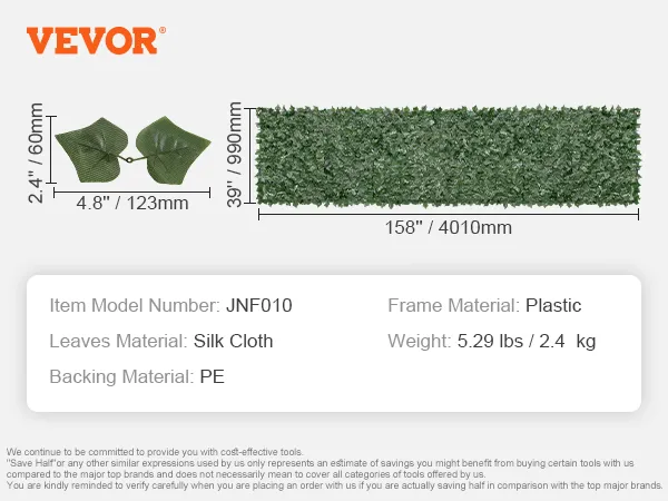 VEVOR ivy privacy fence, 158"x39", silk cloth leaves, plastic frame, pe backing. model: jnf010.