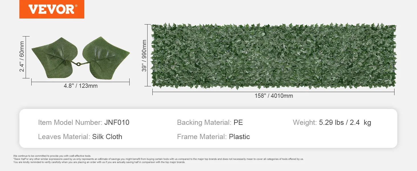VEVOR ivy privacy fence, 158"x39", silk cloth leaves, plastic frame, pe backing. model: jnf010.