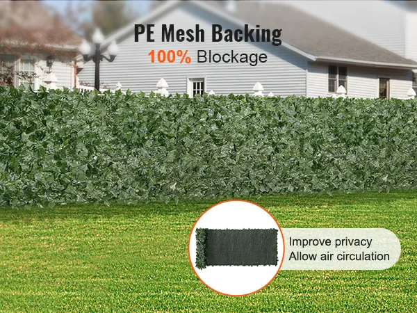 VEVOR ivy privacy fence with pe mesh backing for 100% blockage and improved privacy in a suburban backyard.