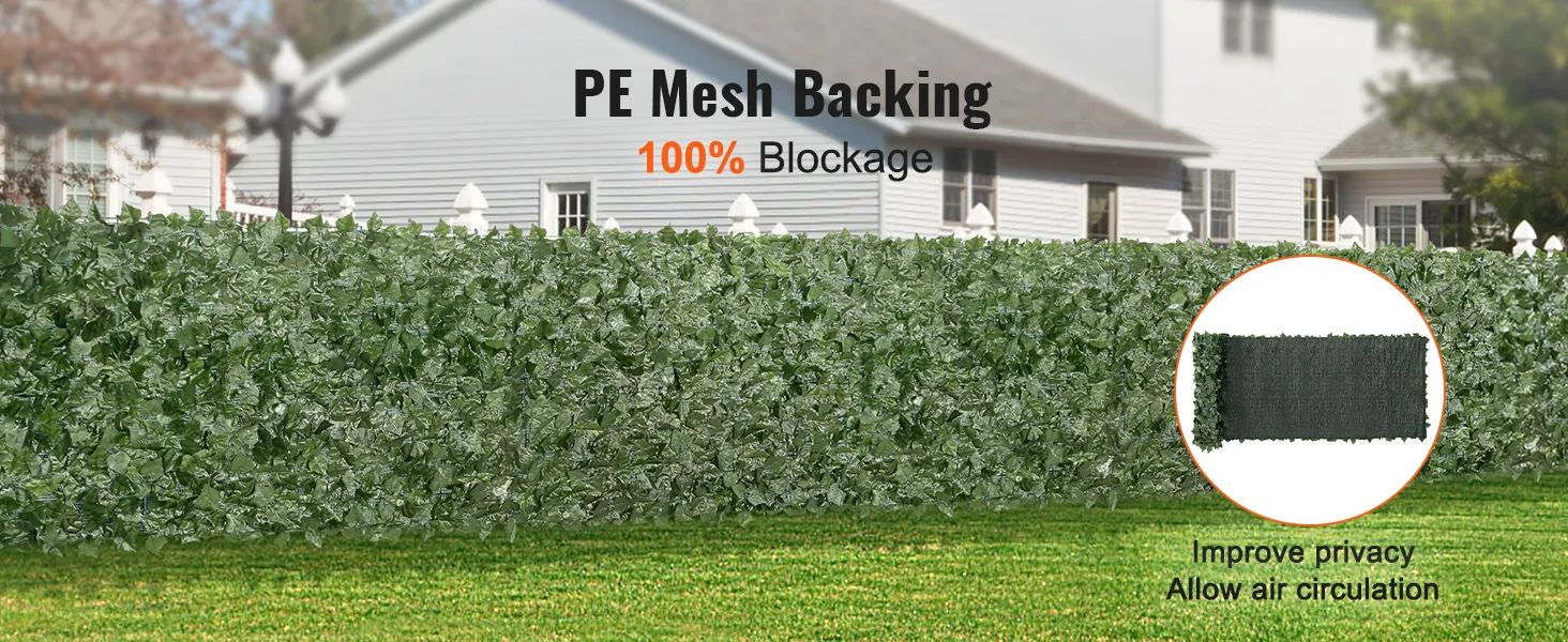 VEVOR ivy privacy fence with pe mesh backing for 100% blockage and improved privacy in a suburban backyard.