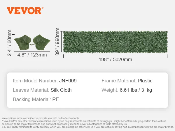 VEVOR artificial ivy privacy fence with silk cloth leaves, pe backing, and plastic frame, 39"x198".