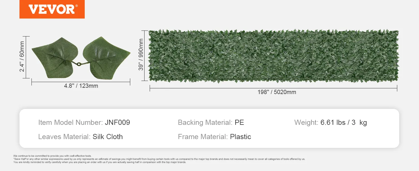 VEVOR artificial ivy privacy fence with silk cloth leaves, pe backing, and plastic frame, 39"x198".