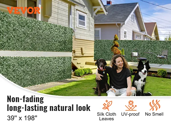 VEVOR artificial ivy privacy fence in a backyard garden with pets, featuring uv-proof silk cloth leaves.