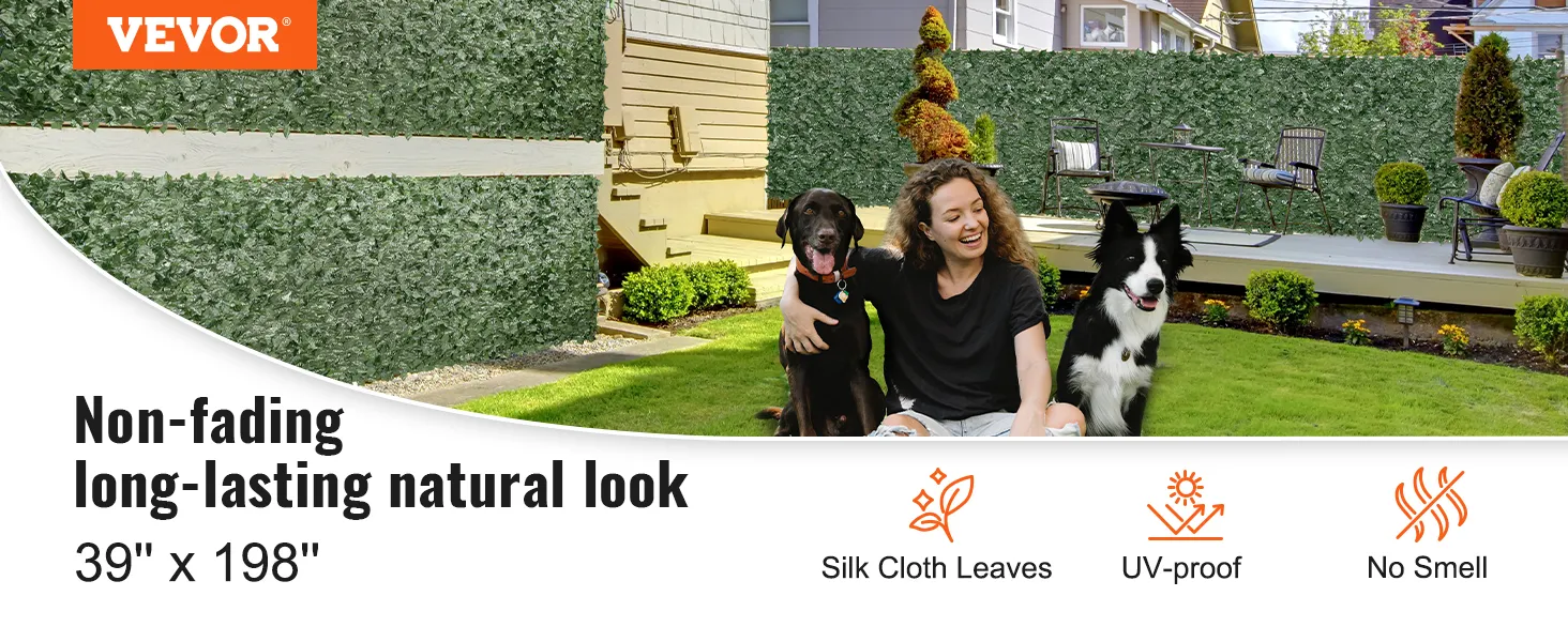 VEVOR artificial ivy privacy fence in a backyard garden with pets, featuring uv-proof silk cloth leaves.