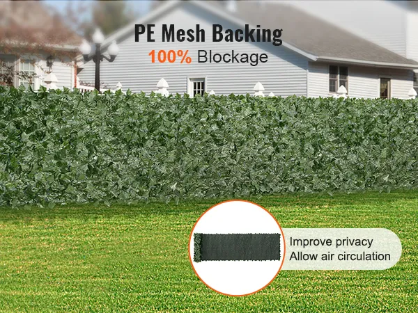 pe mesh backing with 100% blockage and VEVOR artificial ivy privacy fence for improved privacy and airflow.