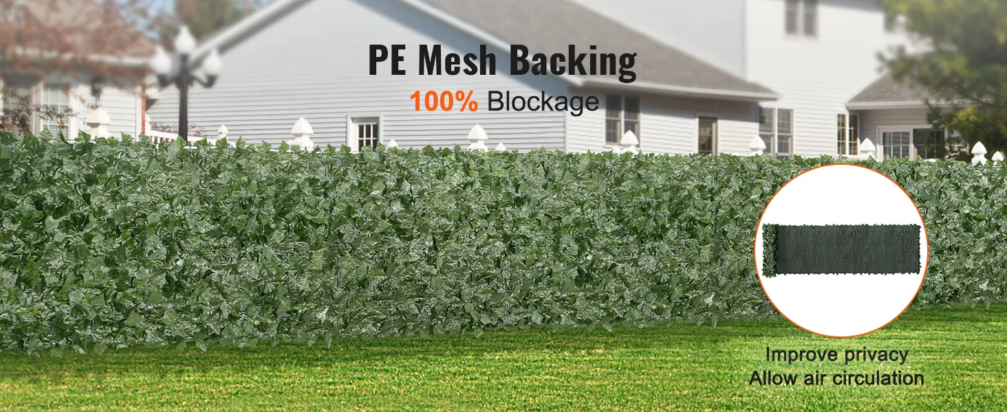 pe mesh backing with 100% blockage and VEVOR artificial ivy privacy fence for improved privacy and airflow.