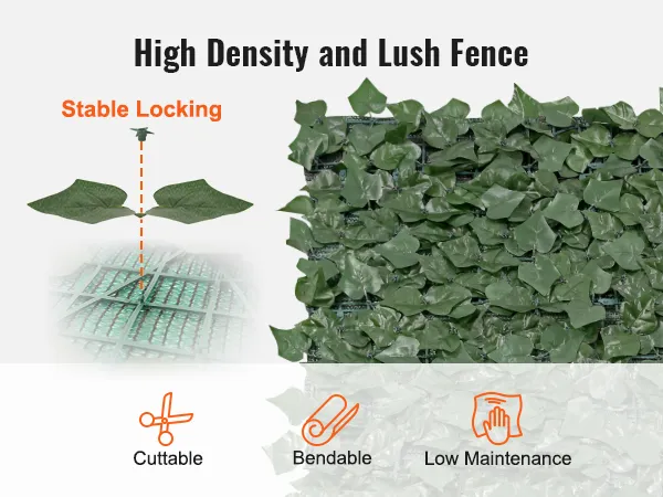 high density and lush VEVOR artificial ivy privacy fence with stable locking, cuttable, bendable, low maintenance.