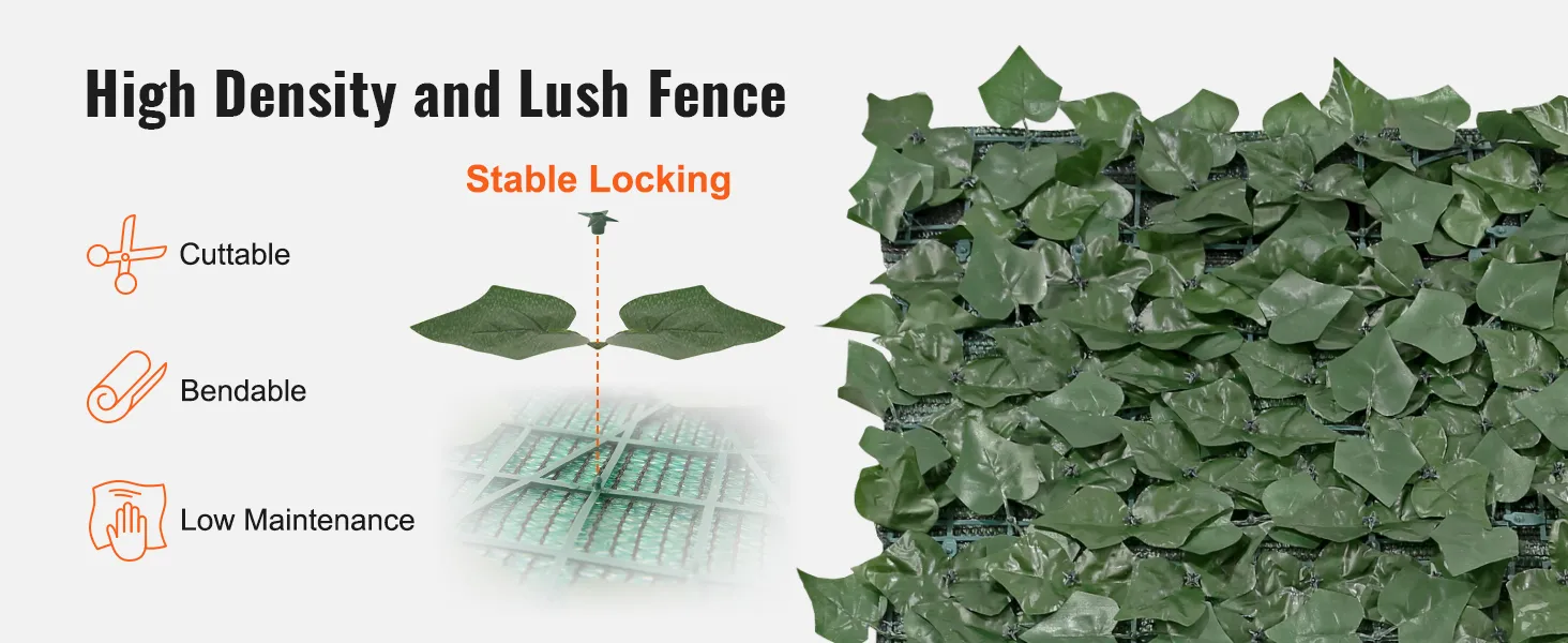 high density and lush VEVOR artificial ivy privacy fence with stable locking, cuttable, bendable, low maintenance.