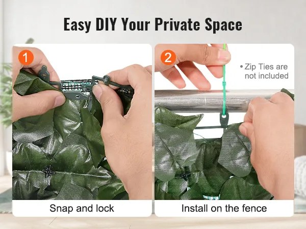 easy installation of VEVOR artificial ivy privacy fence with snap and lock method, no zip ties included.