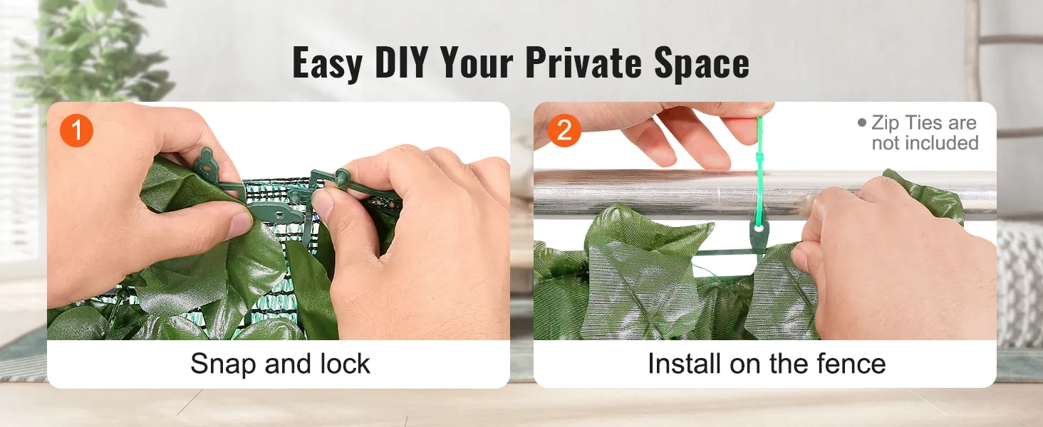 easy installation of VEVOR artificial ivy privacy fence with snap and lock method, no zip ties included.