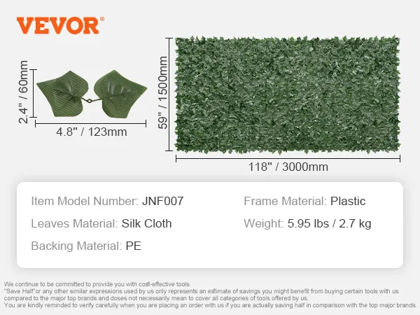 VEVOR artificial green wall: silk cloth leaves, pe backing, plastic frame, 59"x118", 5.95 lbs.