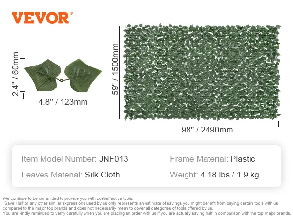 VEVOR ivy privacy fence model jnf013 with silk cloth leaves, dimensions 59"x98".