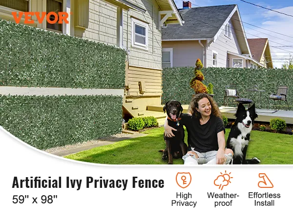 VEVOR ivy privacy fence in backyard, with dogs, deck, and plants. size 59" x 98". high privacy, weather-proof.