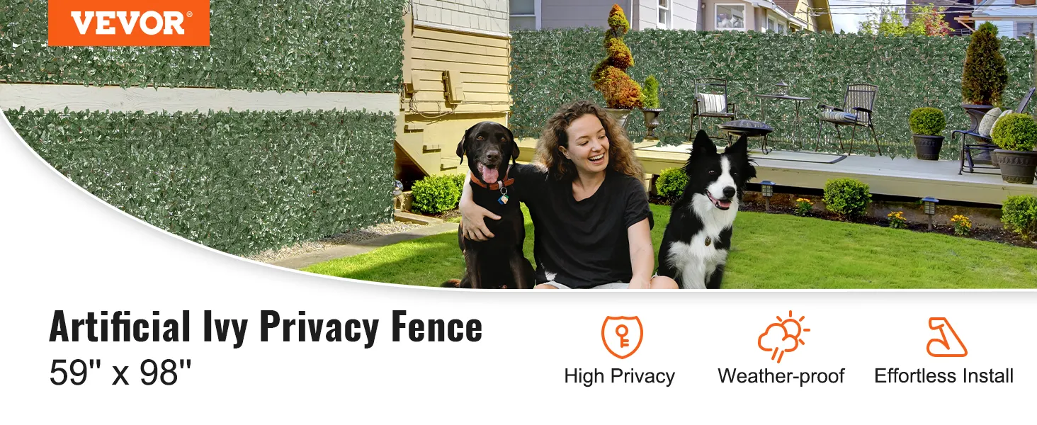 VEVOR ivy privacy fence in backyard, with dogs, deck, and plants. size 59" x 98". high privacy, weather-proof.