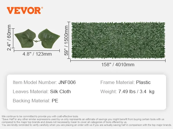 VEVOR ivy privacy fence dimensions: 59" x 158". leaves: silk cloth. backing: pe. frame: plastic. weight: 7.49 lbs.