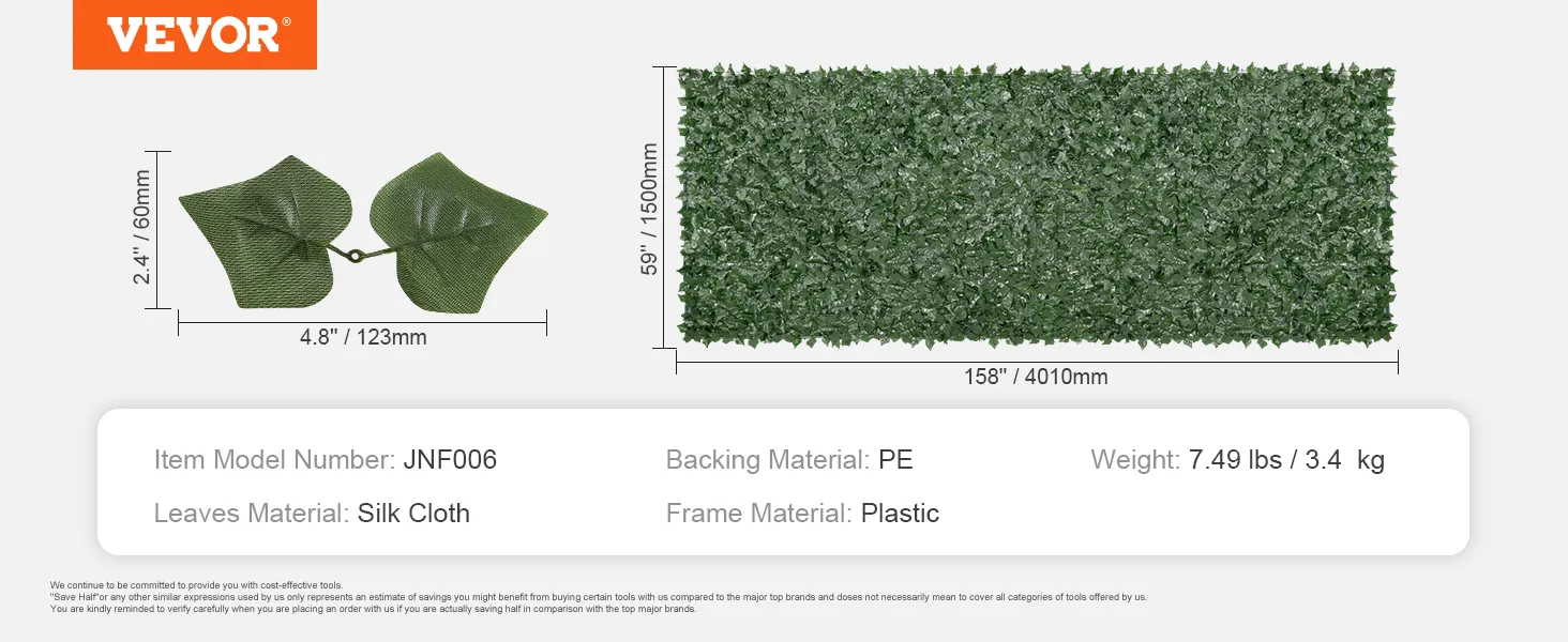 VEVOR ivy privacy fence dimensions: 59" x 158". leaves: silk cloth. backing: pe. frame: plastic. weight: 7.49 lbs.