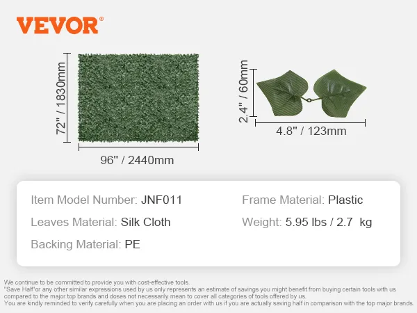 VEVOR ivy privacy fence, silk cloth leaves, pe backing, plastic frame, 72"x96", 5.95 lbs.