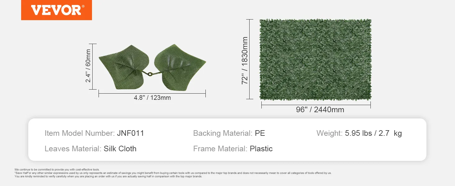 VEVOR ivy privacy fence, silk cloth leaves, pe backing, plastic frame, 72"x96", 5.95 lbs.