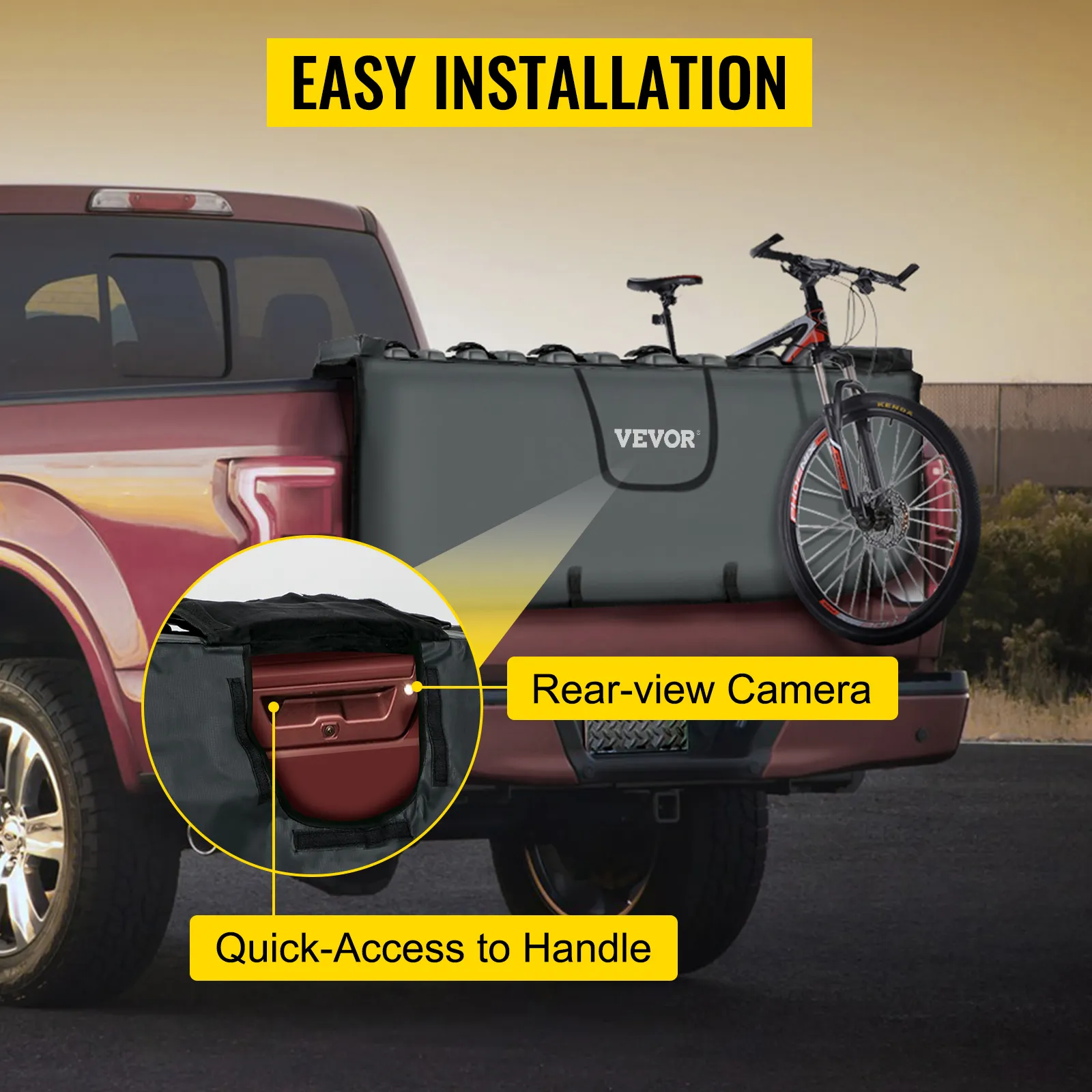 Almohadilla de portón trasero VEVOR en una camioneta con una bicicleta acoplada, que muestra una fácil instalación.