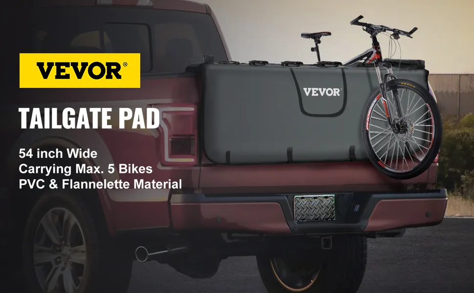 Almohadilla de portón trasero VEVOR en camión rojo, que transporta una bicicleta, de 54 pulgadas de ancho en material de PVC.