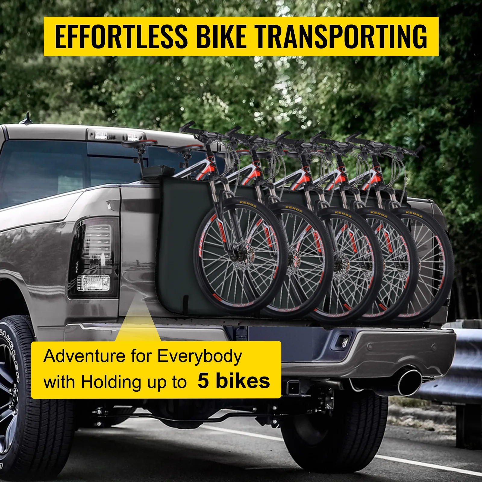 Camión con plataforma trasera VEVOR que transporta 5 bicicletas, lo que promueve un transporte de bicicletas sin esfuerzo.
