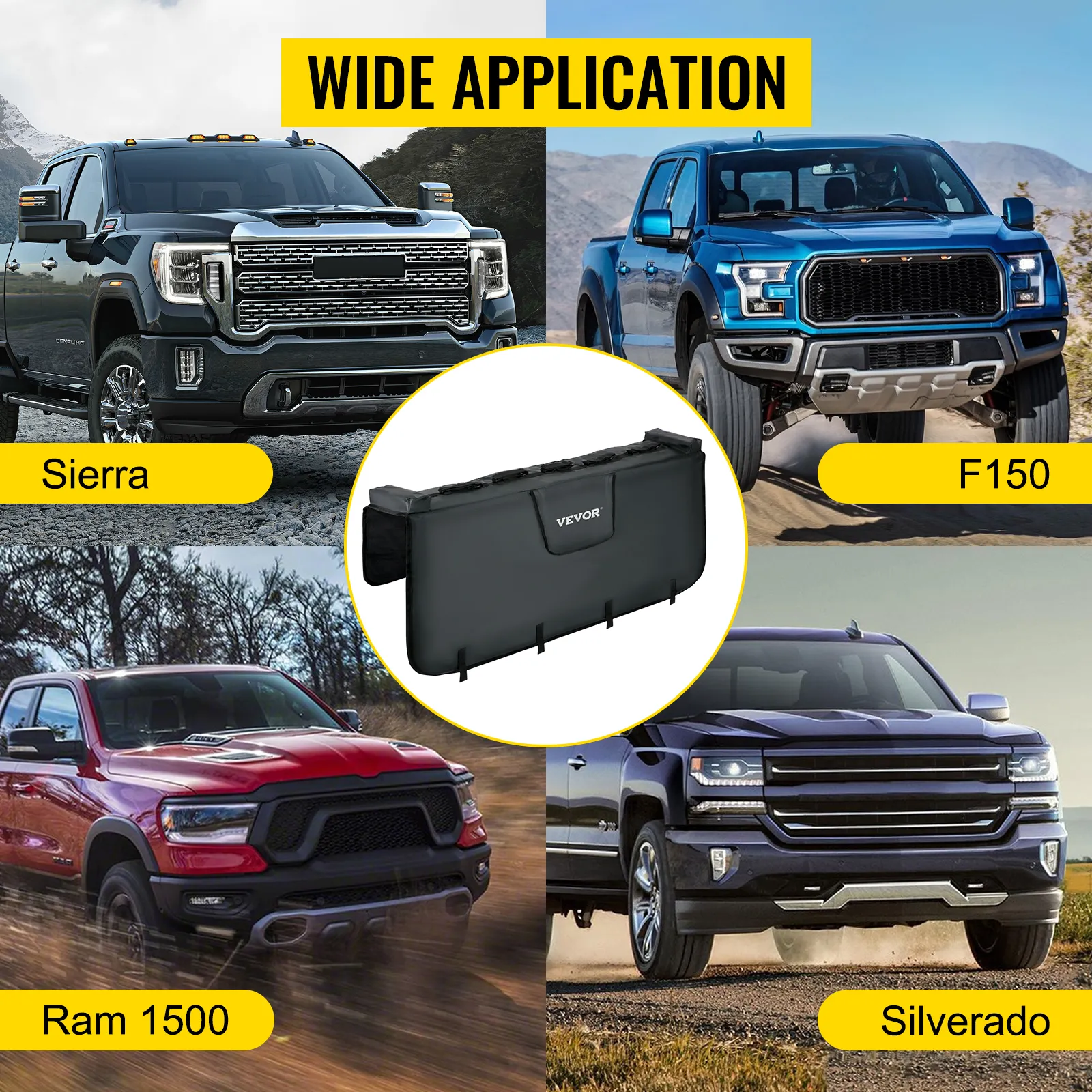 Amplia aplicación de la almohadilla de portón trasero VEVOR exhibida en Sierra, F150, Ram 1500 y Silverado.