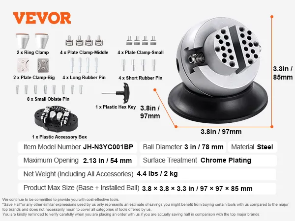 VEVOR ball vise 3-inch, steel, chrome-plated, max opening 2.13 inches, includes various clamps and pins.