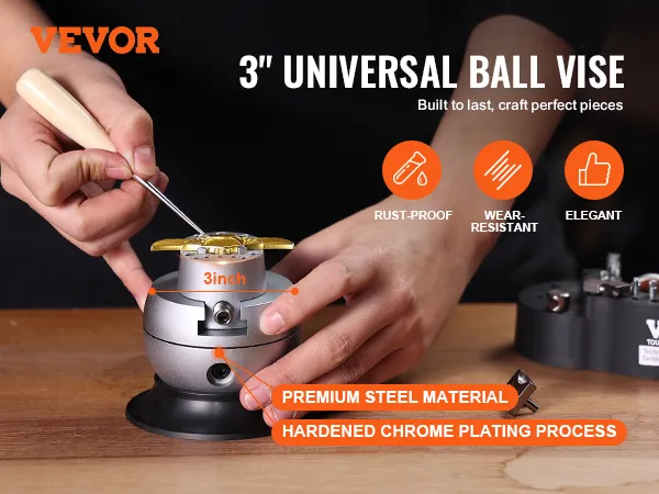 person using the VEVOR ball vise, 3-inch universal, steel material, rust-proof, wear-resistant, elegant.
