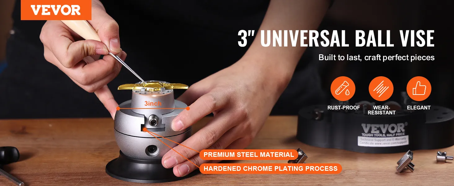 person using the VEVOR ball vise, 3-inch universal, steel material, rust-proof, wear-resistant, elegant.