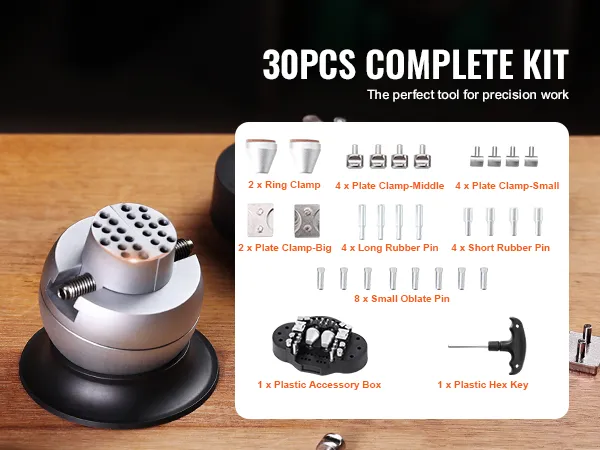 VEVOR ball vise 30pcs complete kit on wooden table; tool accessories displayed.