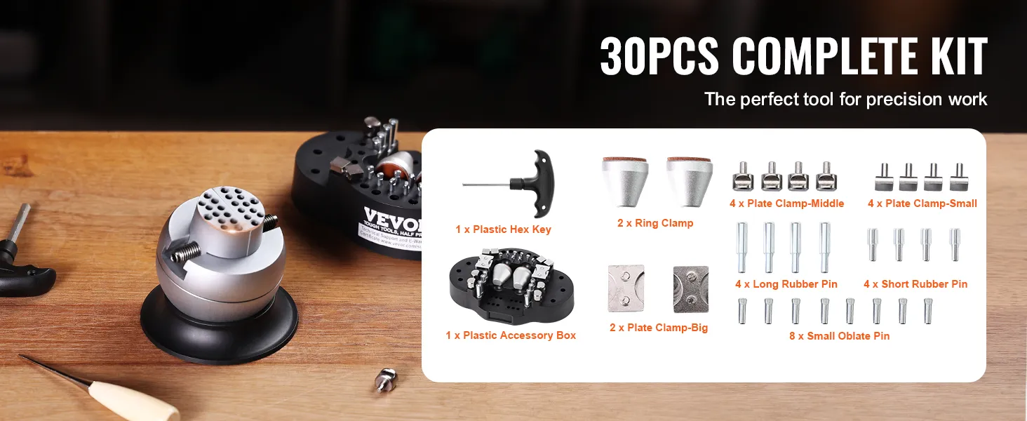VEVOR ball vise 30pcs complete kit on wooden table; tool accessories displayed.