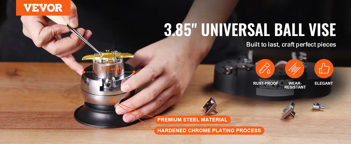 VEVOR ball vise, 3.85" universal, made from premium steel, rust-proof, and wear-resistant.