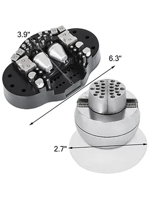 VEVOR ball vise components with measurements: 3.9" x 6.3" base and 2.7" ball diameter.