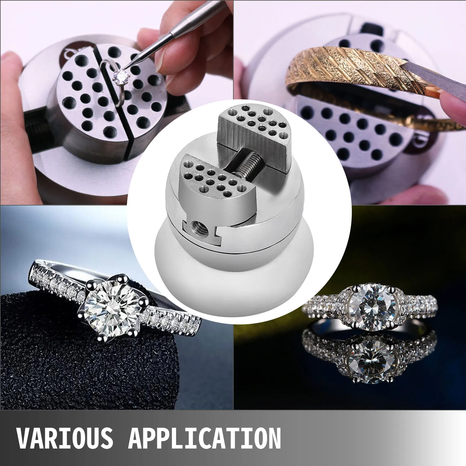 VEVOR ball vise with various jewelry applications including diamond rings and engraving.