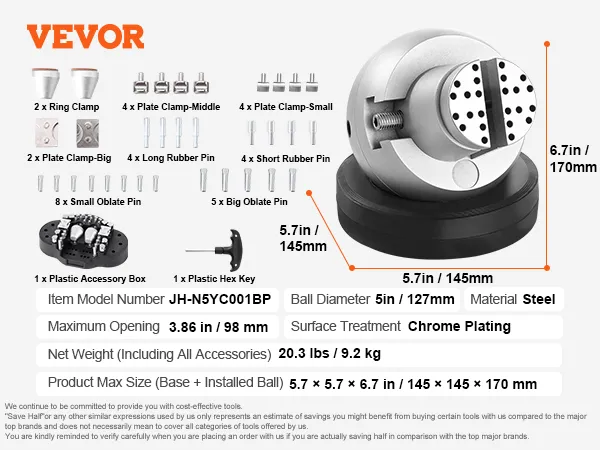VEVOR ball vise with accessories including clamps, pins, and a hex key. max opening 3.86in/98mm.