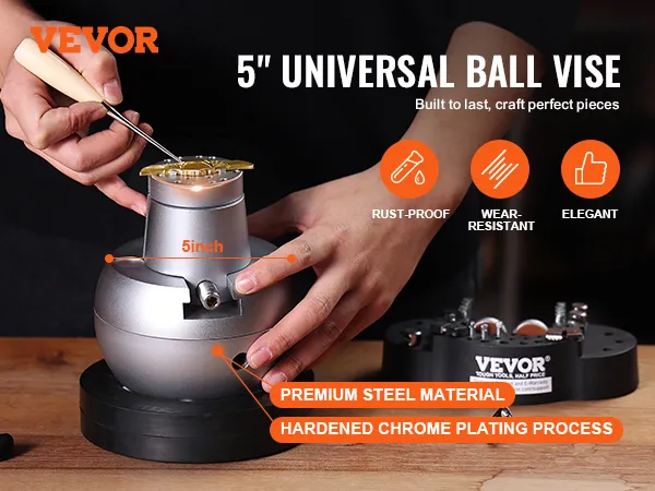 5" VEVOR ball vise with chrome plating, steel material, and rust-proof, wear-resistant features.